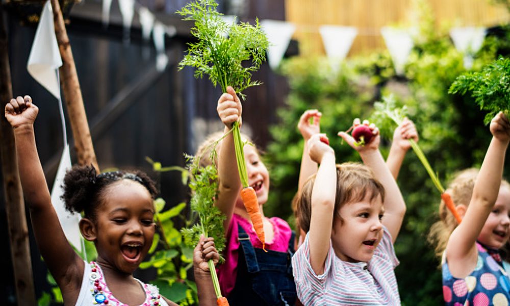 Kids in a vegetable garden with carrot